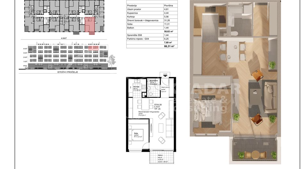 Zaprešić centar, stan S58, 2s, 66,32m2, 4 KAT, NOVI PROJEKT!